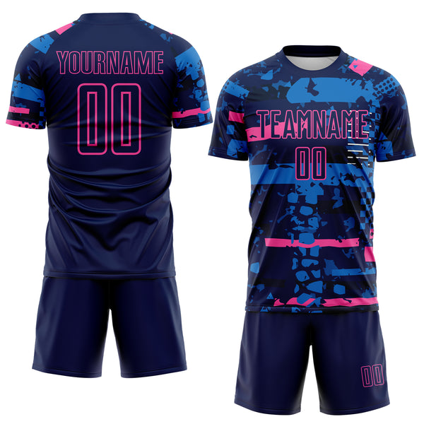 Custom Navy Pink-Blue Abstract Geometric Stripe Fragment Sublimation Soccer Uniform Jersey