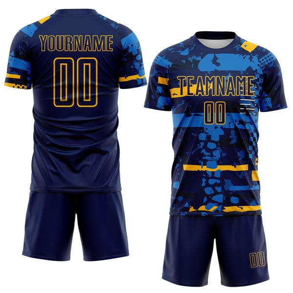 Custom Navy Gold-Blue Abstract Geometric Stripe Fragment Sublimation Soccer Uniform Jersey