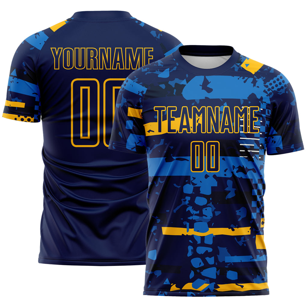 Custom Navy Gold-Blue Abstract Geometric Stripe Fragment Sublimation Soccer Uniform Jersey