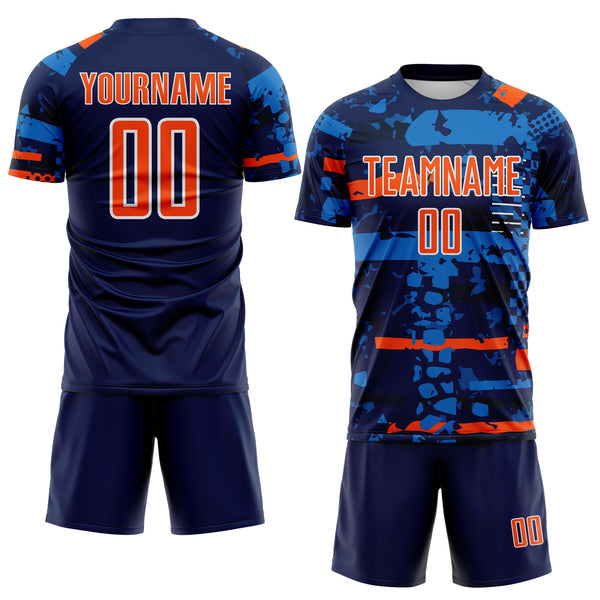 Custom Navy Orange Blue-White Abstract Geometric Stripe Fragment Sublimation Soccer Uniform Jersey