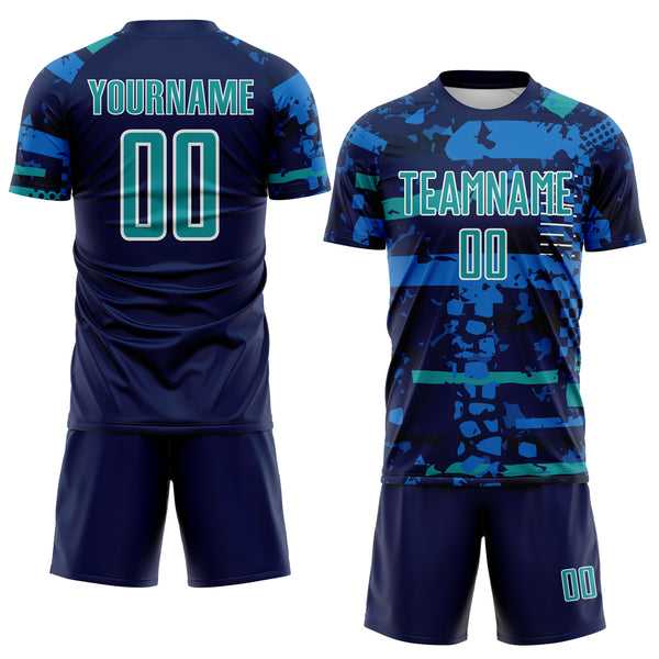 Custom Navy Teal Blue-White Abstract Geometric Stripe Fragment Sublimation Soccer Uniform Jersey