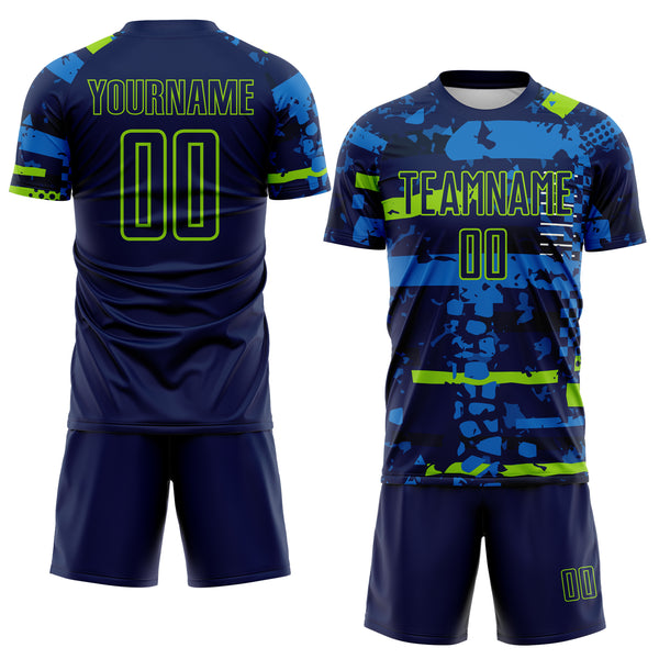 Custom Navy Neon Green-Blue Abstract Geometric Stripe Fragment Sublimation Soccer Uniform Jersey