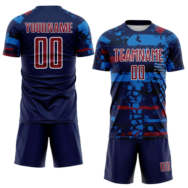 Custom Navy Crimson Blue-White Abstract Geometric Stripe Fragment Sublimation Soccer Uniform Jersey