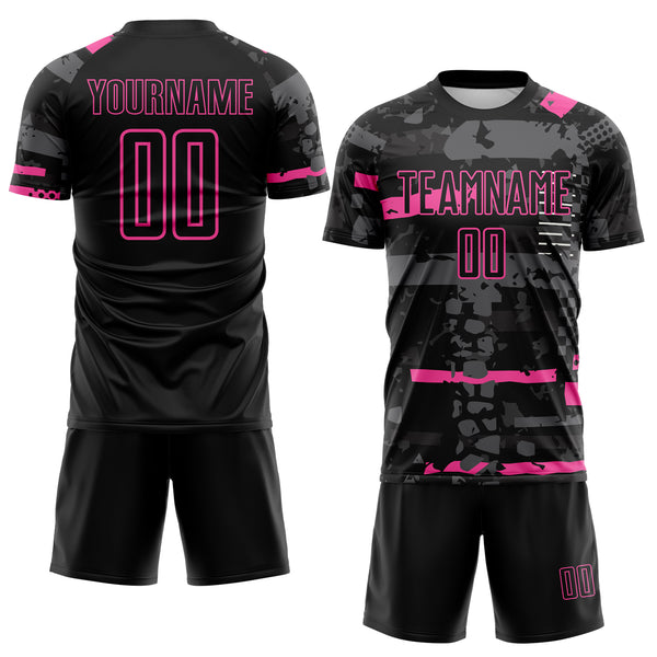 Custom Black Pink-Gray Abstract Geometric Stripe Fragment Sublimation Soccer Uniform Jersey