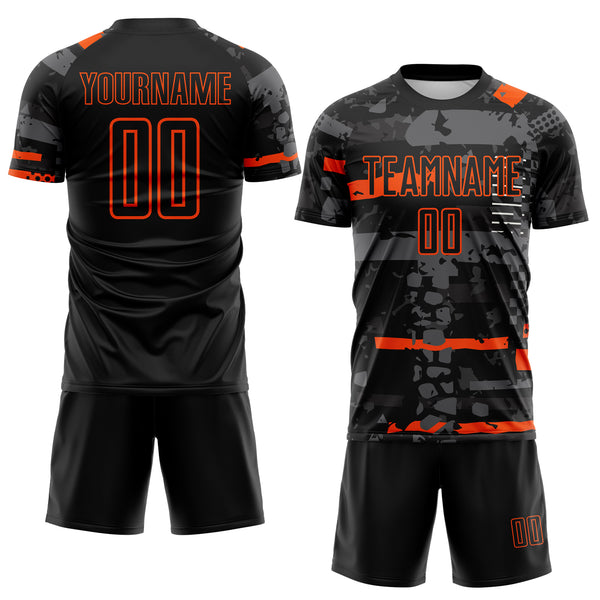 Custom Black Orange-Gray Abstract Geometric Stripe Fragment Sublimation Soccer Uniform Jersey