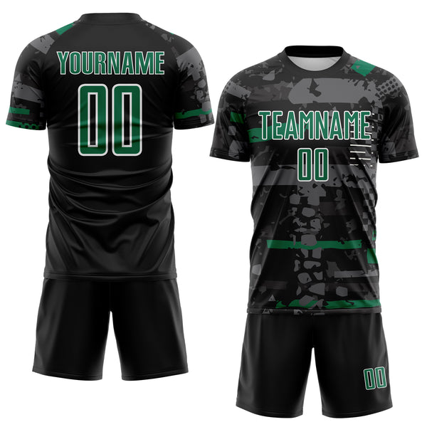 Custom Black Kelly Green Gray-White Abstract Geometric Stripe Fragment Sublimation Soccer Uniform Jersey