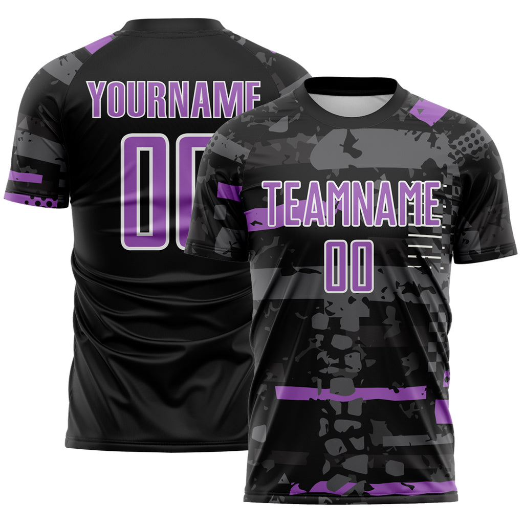 Custom Black Medium Purple Gray-White Abstract Geometric Stripe Fragment Sublimation Soccer Uniform Jersey