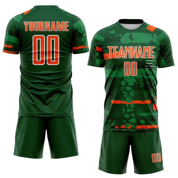 Custom Green Orange-White Abstract Geometric Stripe Fragment Sublimation Soccer Uniform Jersey