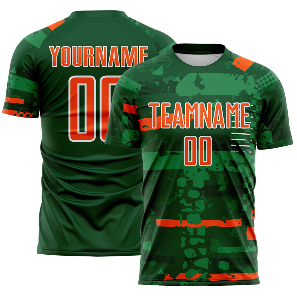 Custom Green Orange-White Abstract Geometric Stripe Fragment Sublimation Soccer Uniform Jersey