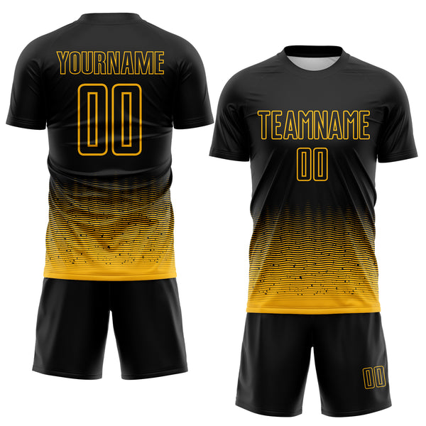 Custom Black-Gold Fade Wave Lines Splatter Sublimation Soccer Uniform Jersey