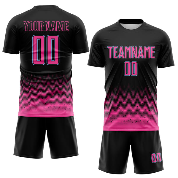 Custom Black Pink-Light Blue Fade Wave Lines Splatter Sublimation Soccer Uniform Jersey