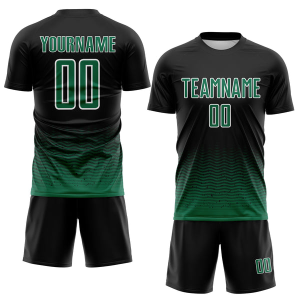 Custom Black Kelly Green-White Fade Wave Lines Splatter Sublimation Soccer Uniform Jersey