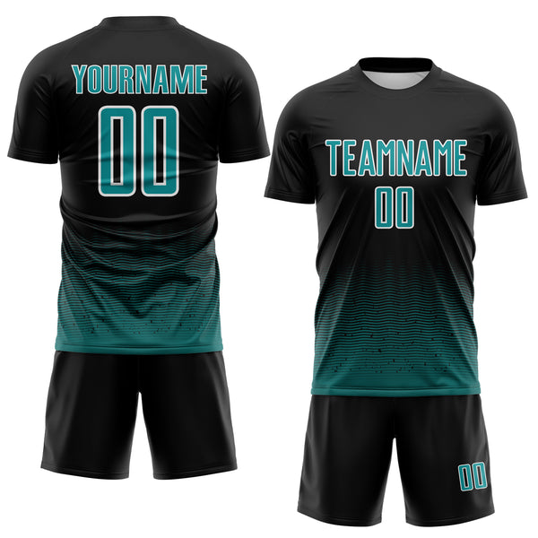 Custom Black Teal-White Fade Wave Lines Splatter Sublimation Soccer Uniform Jersey