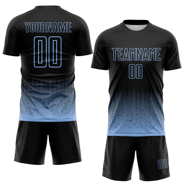 Custom Black-Light Blue Fade Wave Lines Splatter Sublimation Soccer Uniform Jersey
