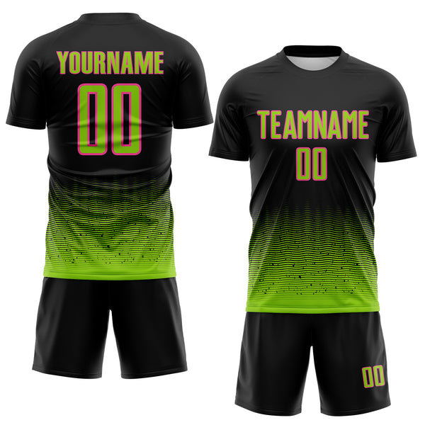 Custom Black Neon Green-Pink Fade Wave Lines Splatter Sublimation Soccer Uniform Jersey
