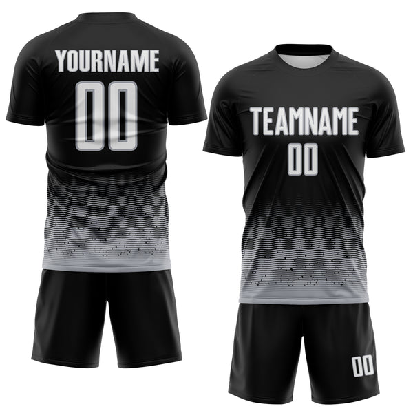 Custom Black White-Gray Fade Wave Lines Splatter Sublimation Soccer Uniform Jersey