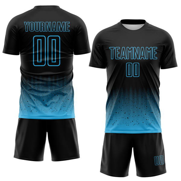 Custom Black-Sky Blue Fade Wave Lines Splatter Sublimation Soccer Uniform Jersey