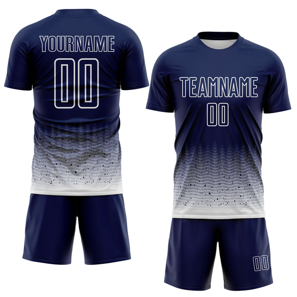 Custom Navy-White Fade Wave Lines Splatter Sublimation Soccer Uniform Jersey