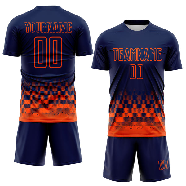 Custom Navy-Orange Fade Wave Lines Splatter Sublimation Soccer Uniform Jersey