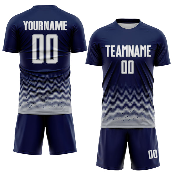 Custom Navy White-Gray Fade Wave Lines Splatter Sublimation Soccer Uniform Jersey