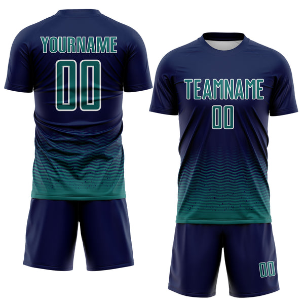 Custom Navy Teal-White Fade Wave Lines Splatter Sublimation Soccer Uniform Jersey