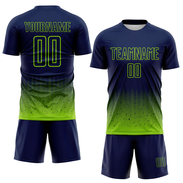 Custom Navy-Neon Green Fade Wave Lines Splatter Sublimation Soccer Uniform Jersey