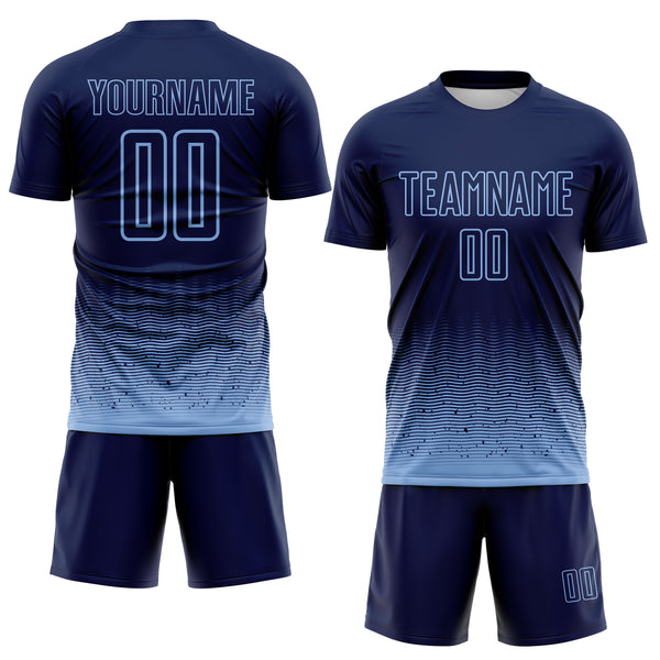 Custom Navy-Light Blue Fade Wave Lines Splatter Sublimation Soccer Uniform Jersey