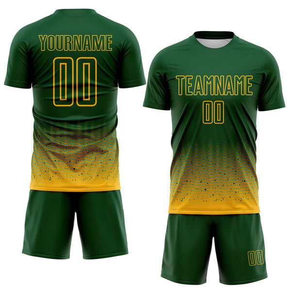 Custom Green-Gold Fade Wave Lines Splatter Sublimation Soccer Uniform Jersey