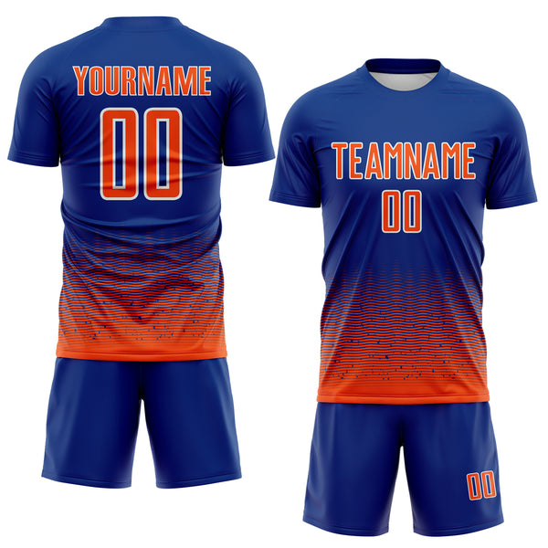 Custom Royal Orange-White Fade Wave Lines Splatter Sublimation Soccer Uniform Jersey