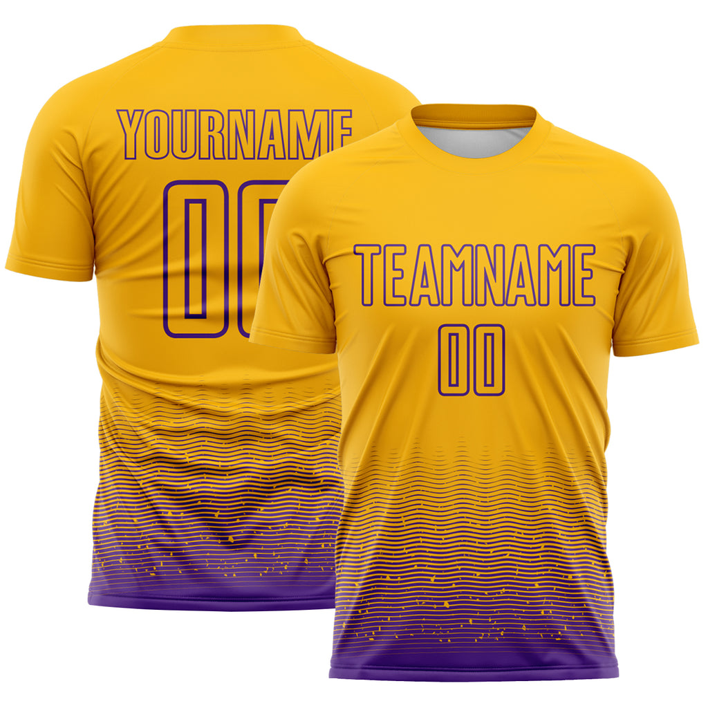 Custom Gold-Purple Fade Wave Lines Splatter Sublimation Soccer Uniform Jersey