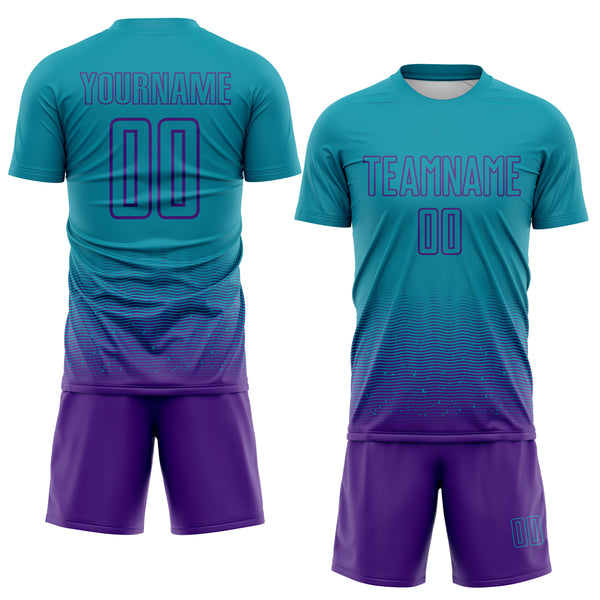 Custom Teal-Purple Fade Wave Lines Splatter Sublimation Soccer Uniform Jersey