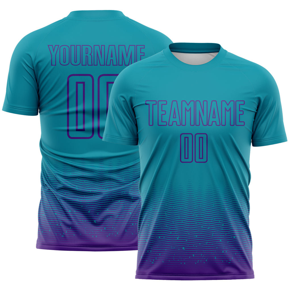 Custom Teal-Purple Fade Wave Lines Splatter Sublimation Soccer Uniform Jersey