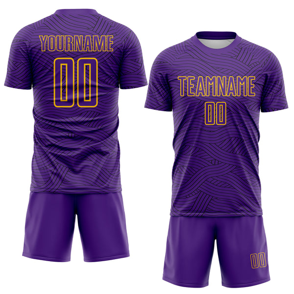 Custom Purple Black-Gold Abstract Wave Lines Interlocking Sublimation Soccer Uniform Jersey