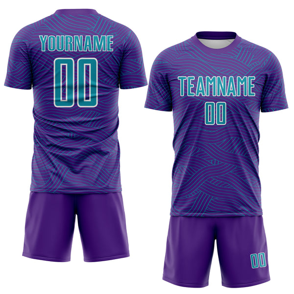 Custom Purple Teal-White Abstract Wave Lines Interlocking Sublimation Soccer Uniform Jersey
