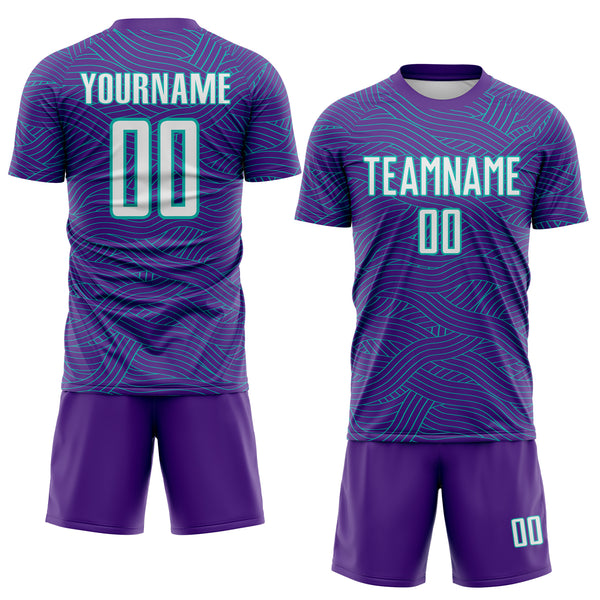 Custom Purple White-Aqua Abstract Wave Lines Interlocking Sublimation Soccer Uniform Jersey