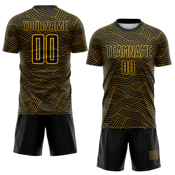 Custom Black-Gold Abstract Wave Lines Interlocking Sublimation Soccer Uniform Jersey