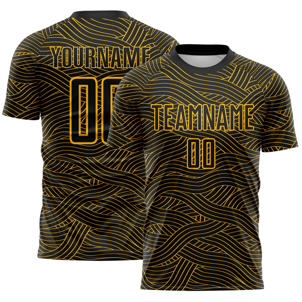 Custom Black-Gold Abstract Wave Lines Interlocking Sublimation Soccer Uniform Jersey