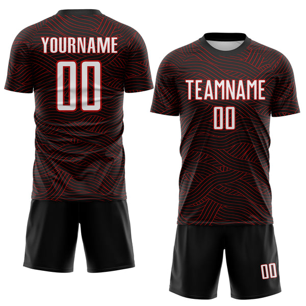 Custom Black White-Red Abstract Wave Lines Interlocking Sublimation Soccer Uniform Jersey