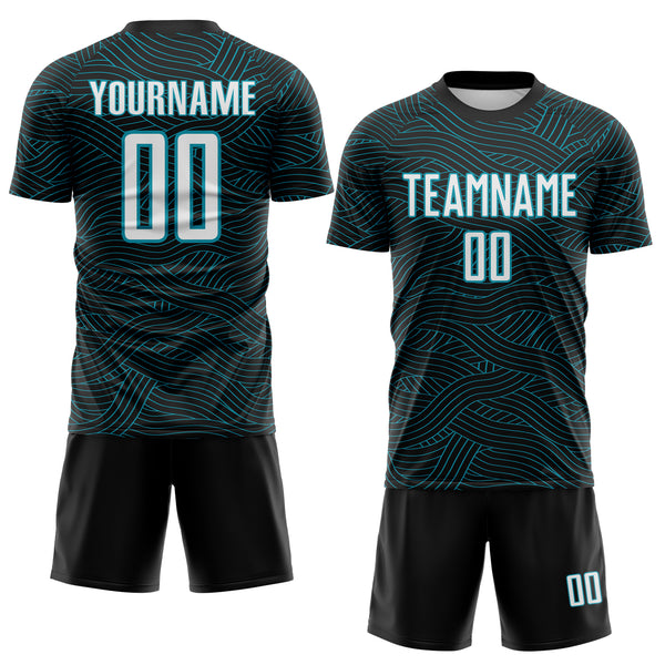 Custom Black White-Teal Abstract Wave Lines Interlocking Sublimation Soccer Uniform Jersey