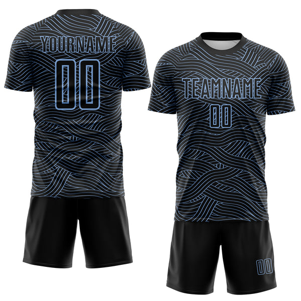 Custom Black-Light Blue Abstract Wave Lines Interlocking Sublimation Soccer Uniform Jersey