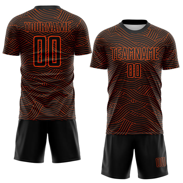 Custom Black-Orange Abstract Wave Lines Interlocking Sublimation Soccer Uniform Jersey