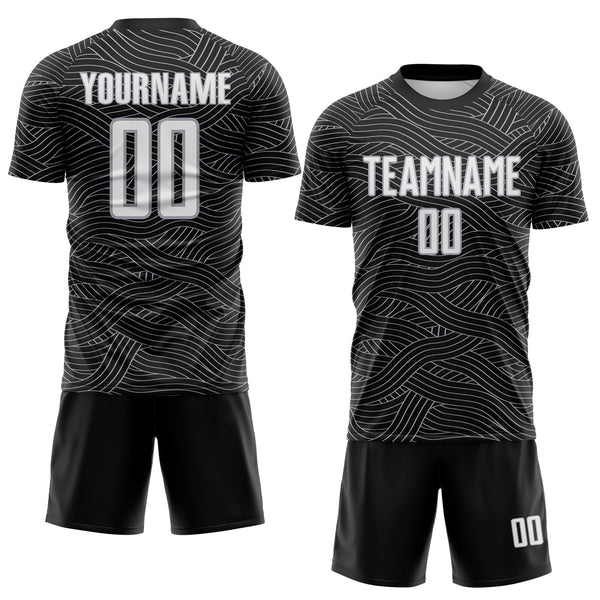 Custom Black White-Gray Abstract Wave Lines Interlocking Sublimation Soccer Uniform Jersey
