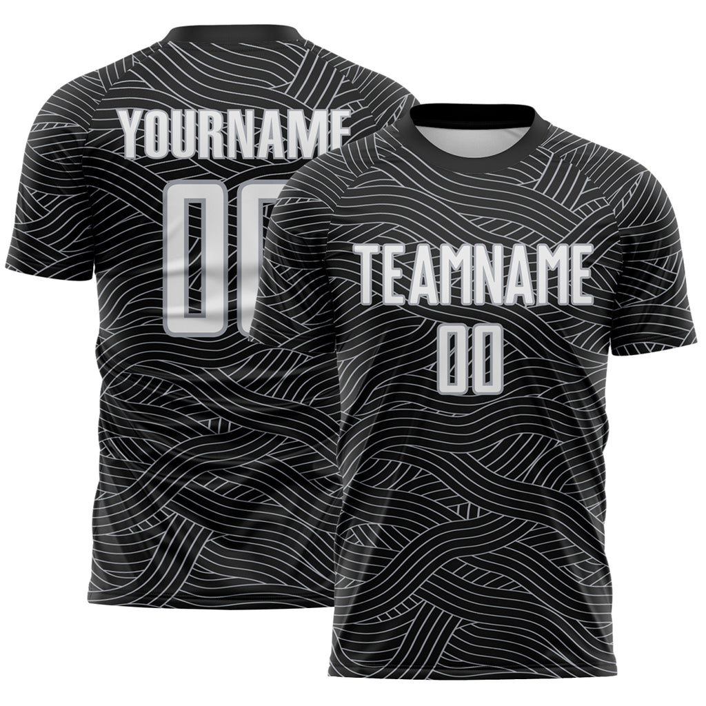 Custom Black White-Gray Abstract Wave Lines Interlocking Sublimation Soccer Uniform Jersey