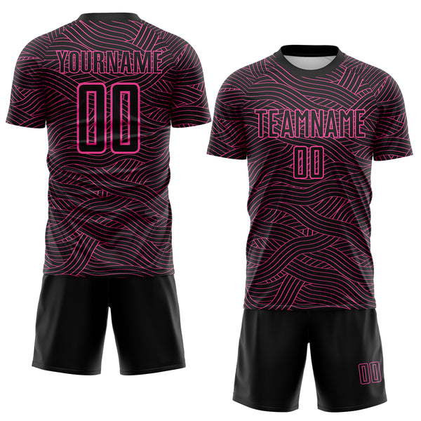 Custom Black-Pink Abstract Wave Lines Interlocking Sublimation Soccer Uniform Jersey
