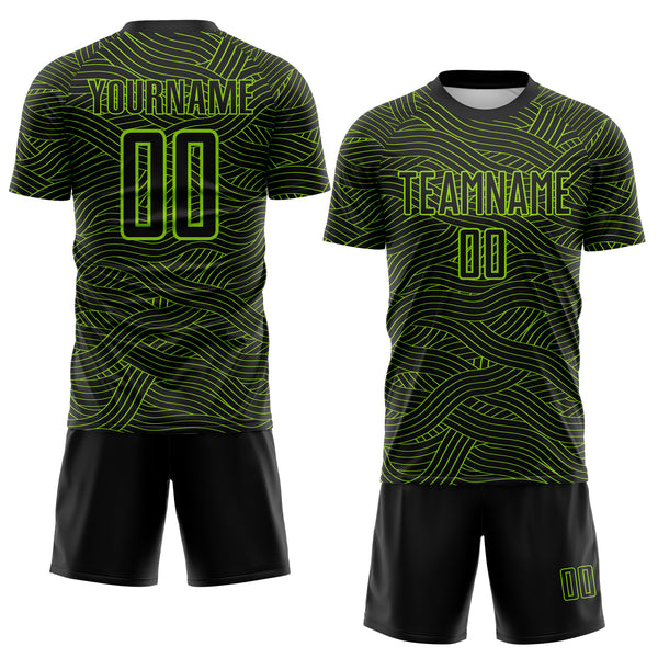 Custom Black-Neon Green Abstract Wave Lines Interlocking Sublimation Soccer Uniform Jersey