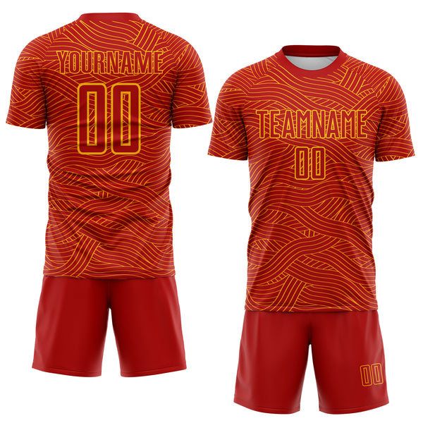 Custom Red-Gold Abstract Wave Lines Interlocking Sublimation Soccer Uniform Jersey