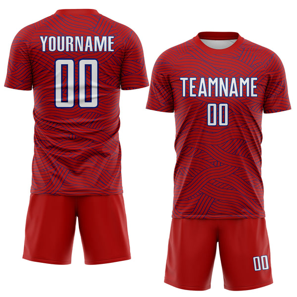 Custom Red White-Royal Abstract Wave Lines Interlocking Sublimation Soccer Uniform Jersey