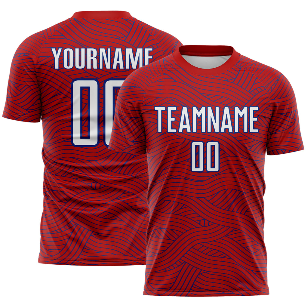 Custom Red White-Royal Abstract Wave Lines Interlocking Sublimation Soccer Uniform Jersey