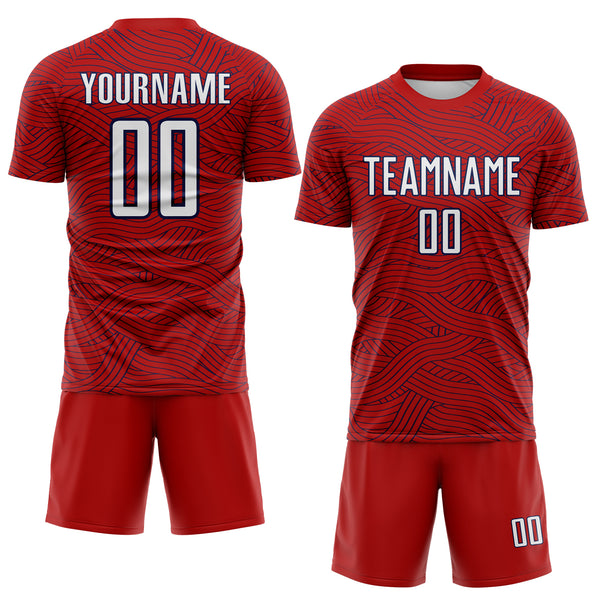 Custom Red White-Navy Abstract Wave Lines Interlocking Sublimation Soccer Uniform Jersey