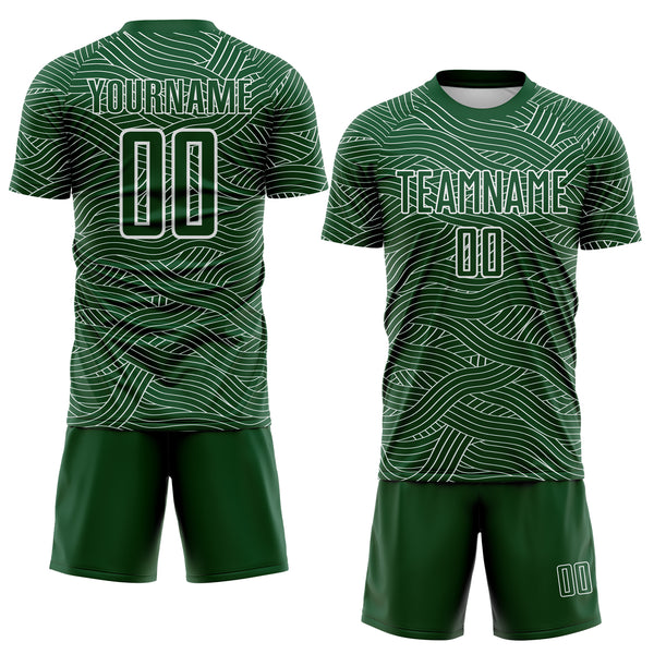 Custom Green-White Abstract Wave Lines Interlocking Sublimation Soccer Uniform Jersey